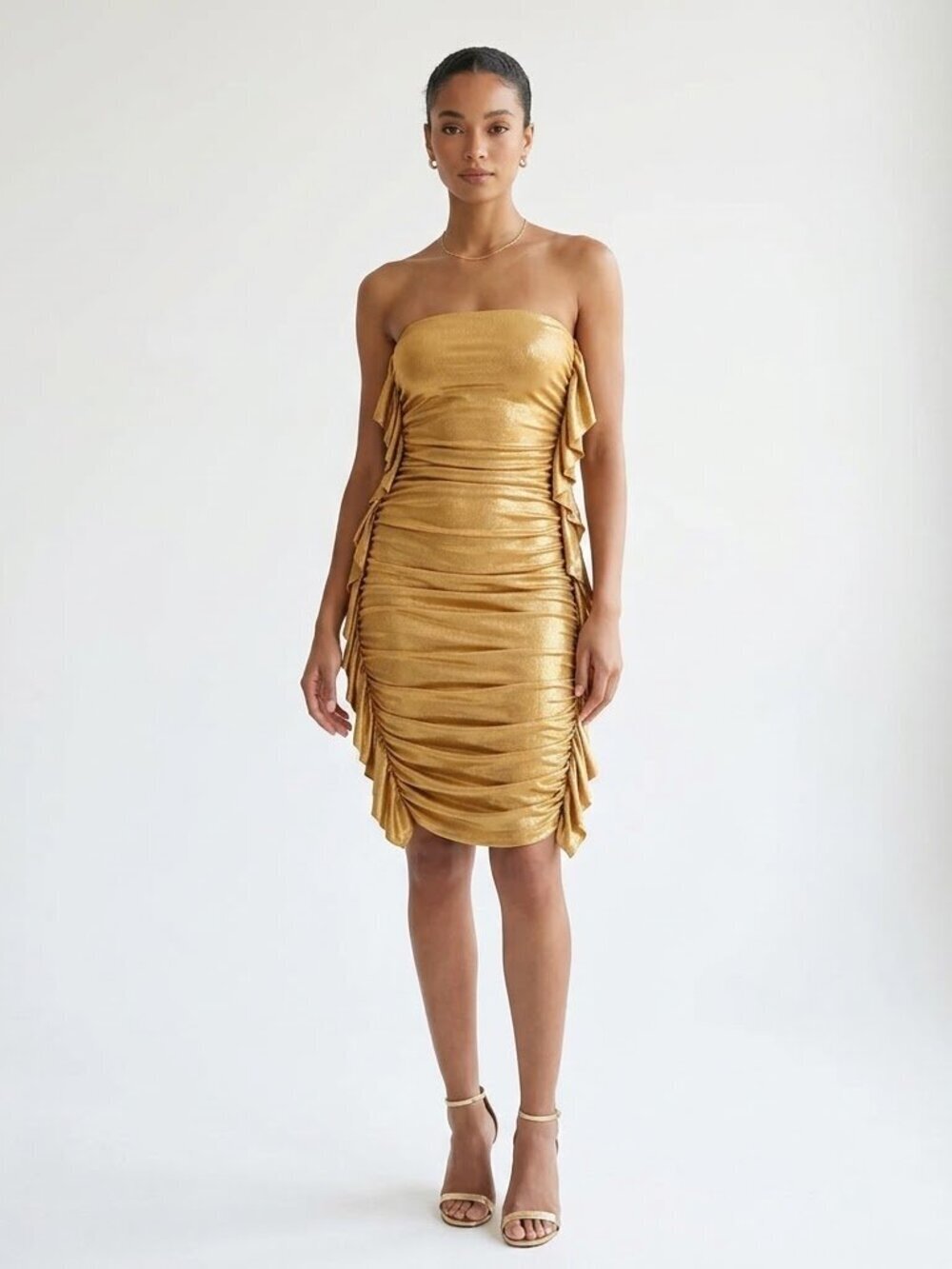 AKIRA Metallic Gold Strapless Midi Dress | Ruched Fringe Bodycon Size Small